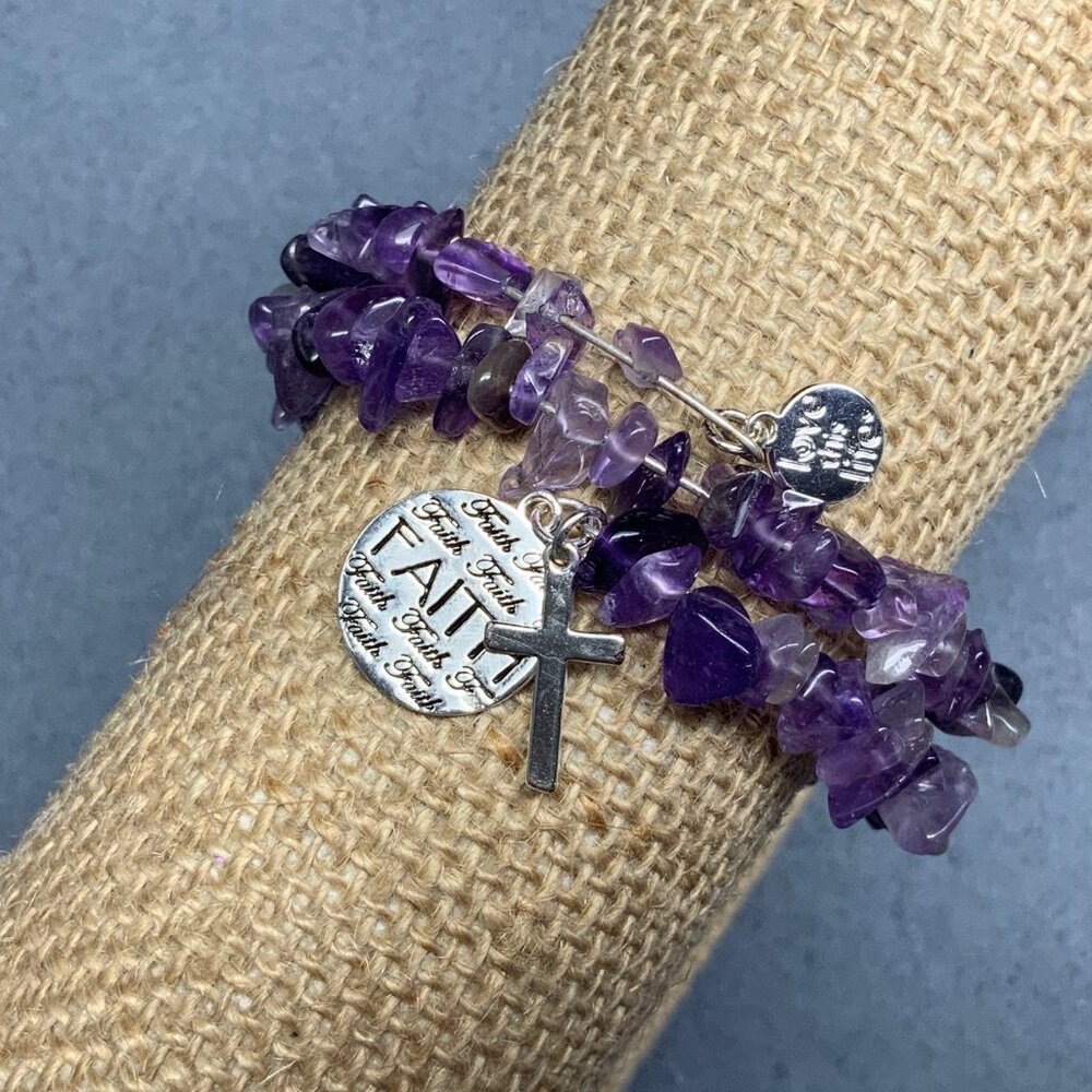 Memory Wire Bracelet Purple Amethyst Stone Silver Charms Faith Hope Love Cross